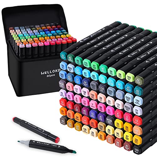 WELLOKB Alcohol Markers, 80 Colors Dual Brush Tip Permanent Art Markers, Coloring Marker, for Book Painting Card Making, Christmas gift for Adults Kids 8-12