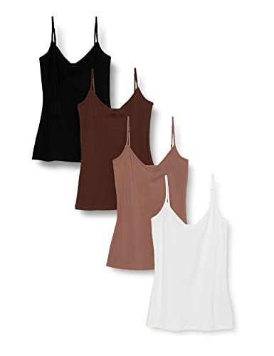 Amazon Essentials Women's Slim-Fit Knit V-Neck Layering Cami (Available in Plus Size), Pack of 4, Brown/Multi Color, Small