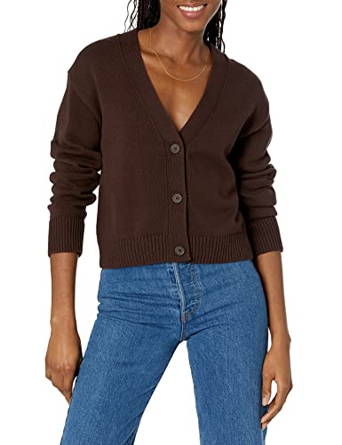 Amazon Essentials Women's Relaxed Fit V-Neck Cropped Cardigan, Espresso, Medium