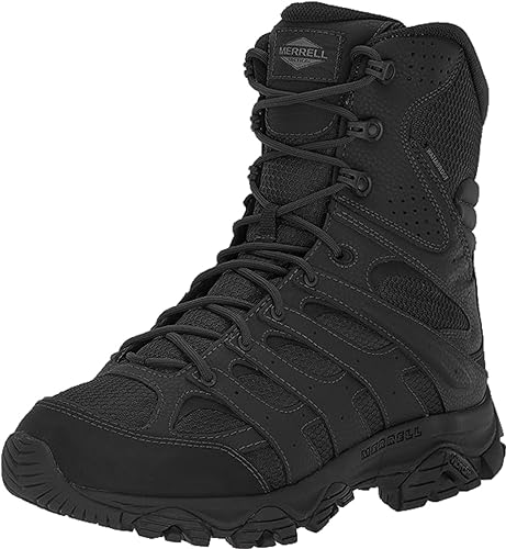 Merrell Men's Moab 3 8” Zip Tactical Waterproof Boots, Durable & Comfortable Coated Leather Combat Hiking Shoes Military, Black, 11