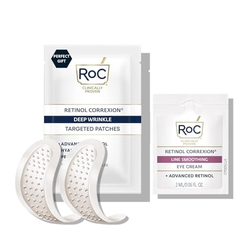 RoC Retinol Correxion Deep Wrinkle Non-Invasive Targeted Patches with Hyaluronic Acid + Firming Peptides for Forehead, 11 Lines, Crow’s Feet and Laugh Lines, (6 Patches) with Retinol Eye Packette