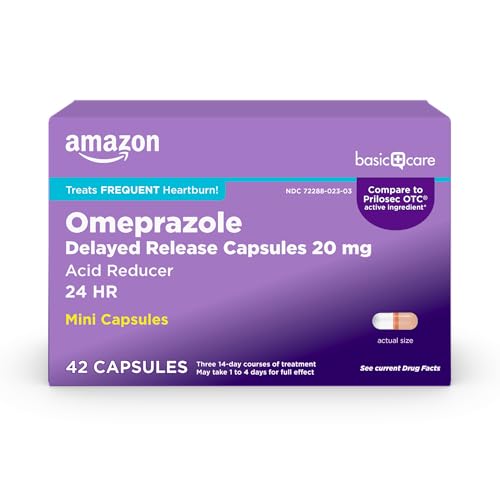 Amazon Basic Care Omeprazole Delayed Release Mini Capsules 20 mg, Acid Reducer, 24HR Heartburn Relief, 42 Count Pack