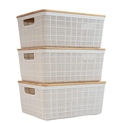 Oikos - Kit 3 Caixas Organizadoras 4L com Tampa de Bambu Brancas Multiuso | Empilháveis, organizador para closet, banheiro, cozinha, lavanderia, escritório, fácil limpeza, design moderno