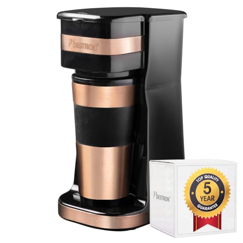 (-21%) Bestron Kaffeemaschine mit Isolierbecher, Für gemahlenen Filterkaffee, 2 Große Tassen, 750 Watt, Edelstahl, Farbe: Kupfer
