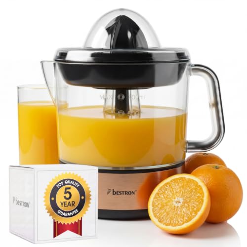 (-23%) Bestron elektrische Zitrus- & Orangenpresse, inkl. 2 Presskegel und Aromadeckel, Motor mit zwei Drehrichtungen (links/rechts), Füllmenge: 0.7 Liter, 40 Watt, Farbe: Kupfer