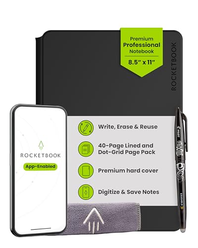 Rocketbook Pro 2.0 Reusable Professional Smart Notebook, Letter Size 8.5x11, Black - Lined & Dot Grid Pages, App-Connected, Erasable, Premium Cover, Ideal for Work Notes and Business Meetings