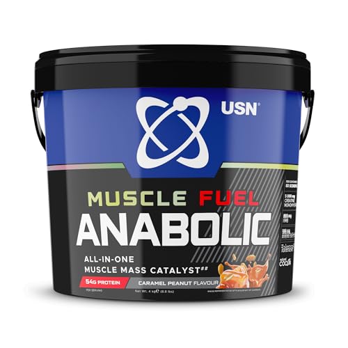 USN Muscle Fuel Anabolic - All-In-One Mass Gainer Protein Powder (4kg, 26 Servings) Caramel Peanut | 54g Protein, 5g Creatine & 5g BCAAs Per Serving | High Calorie Weight Gainer for Lean Muscle Growth