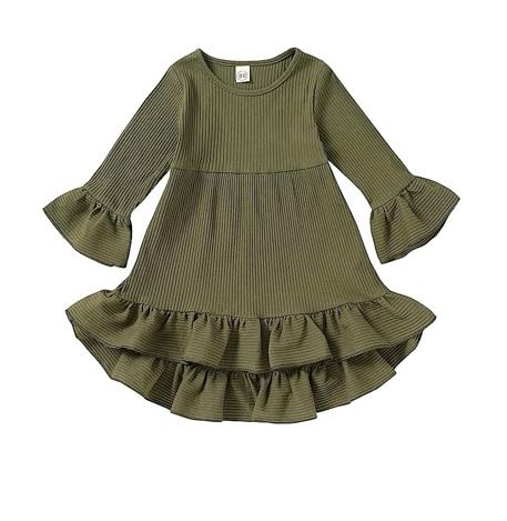 YOUNGER TREE Toddler Baby Girls Spring Clothing Solid Color Cotton Pit Irregular Skirt Winter Dress Long Sleeve Skirt Outfits(Green, 2-3T)