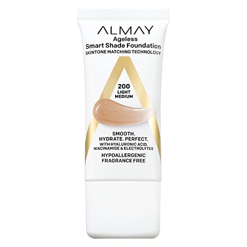 Almay Anti-Aging Foundation, Smart Shade Face Makeup with Hyaluronic Acid, Niacinamide, Vitamin C & E, Hypoallergenic-Fragrance Free, 200 Light Medium, 1 Fl Oz (Pack of 1)