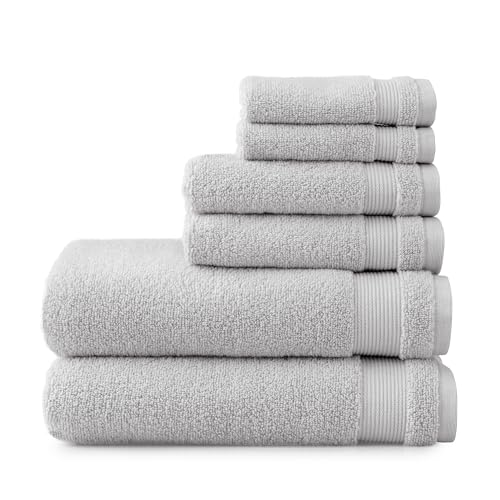 Martha Stewart 100% Cotton Bath Towels Set of 6 Piece, 2 Bath Towels, 2 Hand Towels, 2 Washcloths, Quick Dry Towels, Soft & Absorbent, Bathroom Essentials, Towel Sets for College Dorm, Light Gray