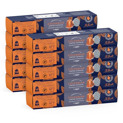 ⚡ BLITZDEAL (-62%) by Amazon Kaffee Nespresso kompatiblen, 100% Arabica Kolumbien Kaffeekapseln, Mittlere Röstung, 100 Aluminium-Kapseln (10 Packungen x 10) - Rainforest Alliance-Zertifizierung
