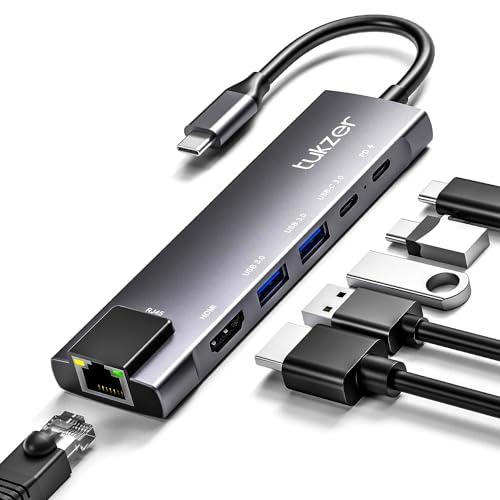 Tukzer 6-in-1 Type-C Hub to HDMI 4K@30Hz, 2 USB 3.0 Data, USB-C 3.0 Data, 100W PD with 1000M Ethernet RJ45, MultiPort Adapter Compatible with MacBook 