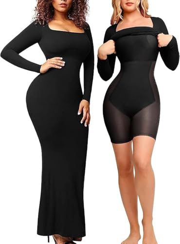 Popilush Long Sleeve Maxi Dress - Shapewear Formal Cocktail Dresses for Women Fall Square Neck Bodycon Dress Built-in Bra Black