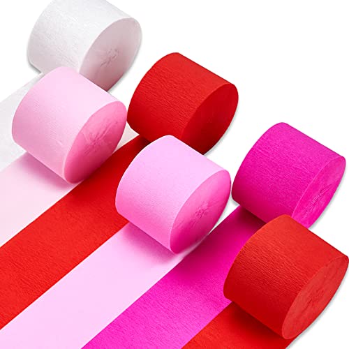 PartyWoo Pink Crepe Paper Streamers 6 Rolls 492 ft Pack of Light and Hot Pink Red White Crepe Paper Rolls for Baby Showe