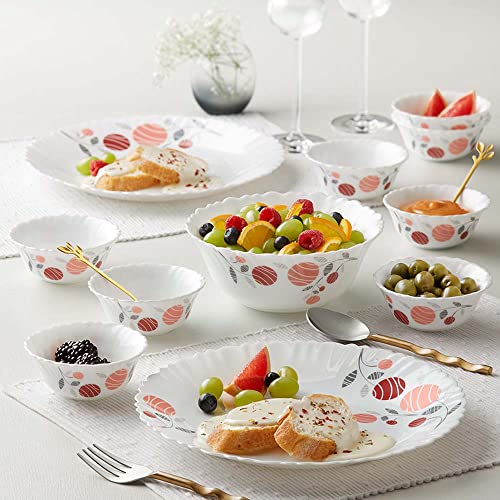 Larah by Borosil Galaxy Dahlia Opalware Dinner Set Set, Opal Glass Dinner Plates & Bowls, Crockery Set for Dining, 17 pcs White