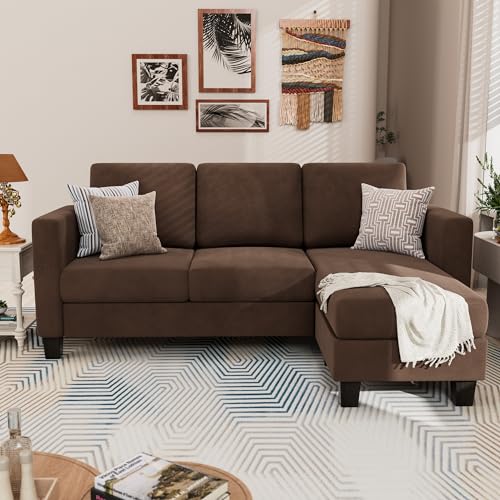 YESHOMY Convertible Sectional 3 L-Shaped Couch Soft Seat with Modern Linen Fabric, Small Space Sofas for Living Room, Apartment and Office, 70'', Brown