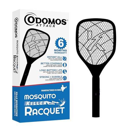 Odomos Attack Anti - Mosquito Rechargeable Racquet | 400mAH Battery | Large Net Area for Better Coverage | Long Lasting Internal Battery with Plug in 