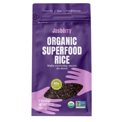 Jasberry - Organic Superfood Rice, Soft & Aromatic Whole Grain Purple Rice, High in Antioxidants, Non-GMO, Gluten-free, Easy to cook, Versatile USDA Certified Organic, Vegan (15 Oz Resealable Zip Bag)