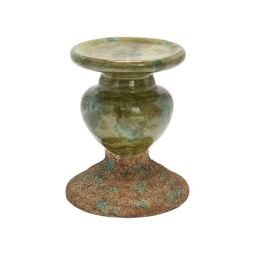 Creative Co-Op 2-Tone Sculptural Terracotta Pillar Candle Holder, Distressed Green