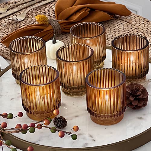 Kate Aspen Vintage Glass Tealight &amp; Amber Votive Candle Holders (Set of 6) – Rustic Fluted Candle Holder Set, Boho