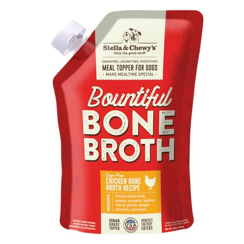 Stella & Chewy's Premium Cage-Free Chicken Bone Broth for Dogs - Joint & Gut Health Support Liquid Food Topper with Collagen & Turmeric, 16 Fl Oz Resealable Pouch