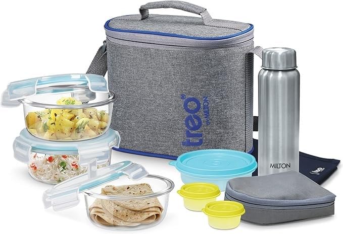 by Milton All Fresh Premier Glass Tiffin with Bag, Set of 8 (3 Containers, 400ml Each; 1 Steel Bottle, 750 ml; 2 - Pickle/Chutney Dabba, 30ml Each; 1 
