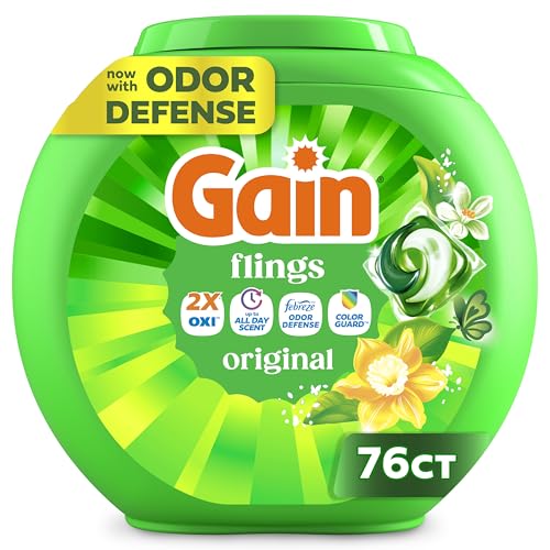 Gain flings Laundry Detergent Soap Pacs HE Compatible Long Lasting Scent, Original Scent, 76 Ct, Gain Laundry Detergent
