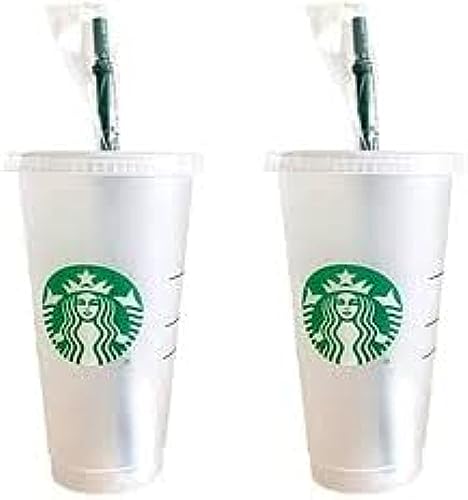 Starbucks 2 Pack Bundle - Reusable Frosted 24 oz Cold Cups with Lid and Green Straw w/Stopper