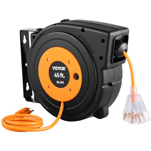 VEVOR Retractable Extension Cord Reel, 45 FT, Heavy Duty 12AWG/3C SJTOW Power Cord, with Lighted Triple Tap Outlet, 15 Amp Circuit Breaker, 180° Swivel Bracket for Ceiling or Wall Mount