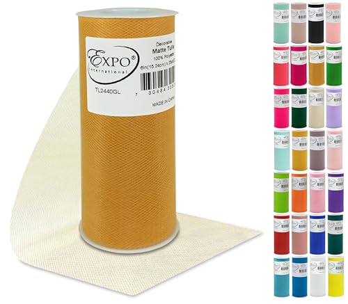 Expo International Decorative Matte Tulle, Lightweight Polyester Tulle Fabric for Tutus, Costumes, and Party Decorations, Washable, Easy-to-Use, 6 Inch x 25 Yards, Gold, Pack of 1
