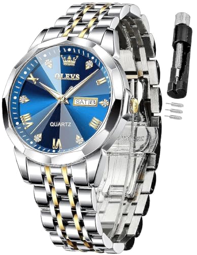 OLEVS Watch for Men Diamond Business Dress Analog Quartz Stainless Steel Waterproof Luminous Date Two Tone Luxury Casual Wrist Watch Blue