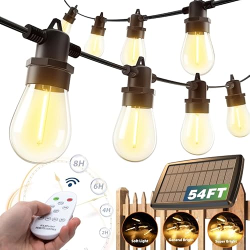 addlon 54FT(48+6) Solar String Lights Outdoor Waterproof with USB Charging & Remote Control - Dimmable Solar Power Patio Lights with LED Bulbs for Porch, Garden, Yard, Market, Bistro - Last for 20+Hrs