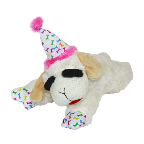 Multipet Lamb Chop Dog Plush Toy w/Birthday Hat - Squeaky Toy for All Dogs - Soft Plush - Stuffed Animal Dog Toys for Playing - Cute Birthday Toy (10.5”, Pink Hat, 5 Squeakers)