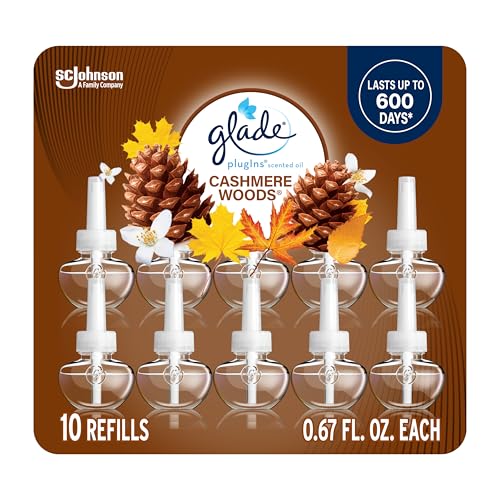 Glade PlugIns Refills Air Freshener, Scented and Essential Oils for Home and Bathroom, Cashmere Woods, 6.7 Fl Oz, 10 Count (Packaging May Vary)