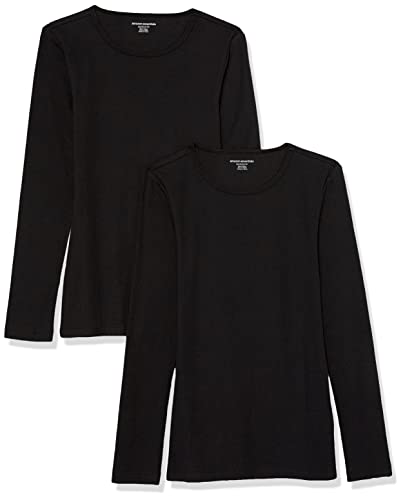 Amazon Essentials Women's Slim-Fit Long Sleeve Rib Knit Crew Neck Top (Available in Plus Size), Pack of 2, Black, Medium