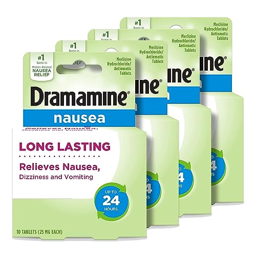 Dramamine Nausea Relief, with Meclizine HCl for Long-Lasting Relief of Nausea, Vomiting & Dizziness, 10 Tablets, Pack of 4