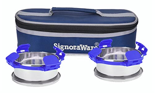 Signora Ware 350Ml+350Ml All Steel Midday Lunch Box with Bag, Food Grade BPA Free, Leak Proof and Air Tight Stainless Steel Containers, Compact and Sl