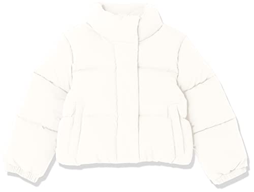 Amazon Essentials Girls' Cropped Full-Zip Puffer Jacket (Quilted Matte or Sherpa Fleece), Eggshell White, Medium