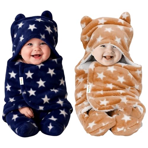 OYO BABY Baby Hooded Blankets Combo | for New Born Babies Baby Boys, Baby Girls, Babies for 0-6 Months, Fleece, Skin Friendly, 2 Blankets (Star Beige+