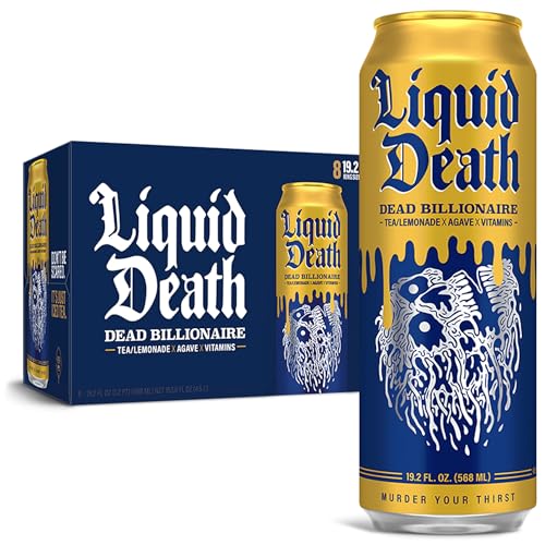 Liquid Death, Dead Billionaire Iced Tea, 8-Pack (19.2oz Cans), Half Lemonade Half Black Tea, Low Calorie, No Artificial Sweeteners, B12 & B6 Vitamins