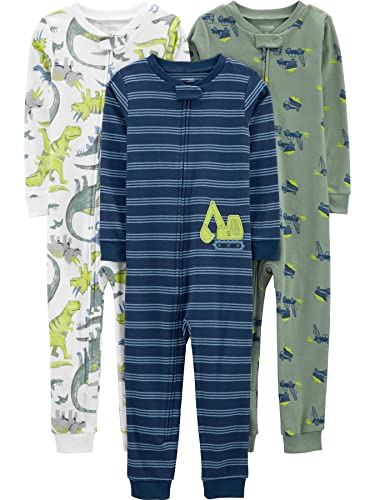 Simple Joys by Carter's Baby Boys' 3-Pack Snug Fit Footless Cotton Pajamas, Blue Stripe/Green Trucks/White Dinosaur, 3T