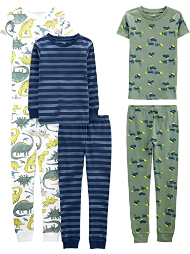 Simple Joys by Carter's Boys' 6-Piece Snug Fit Cotton Pajama Set, Blue/Green/Dinosaur, 7