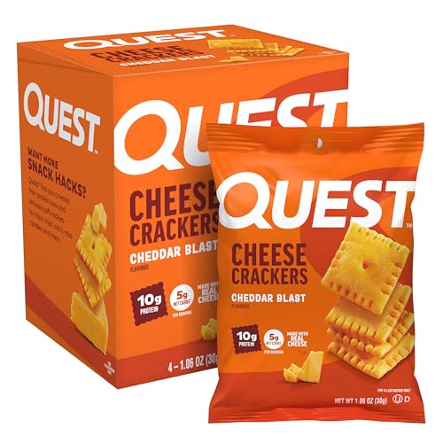 Quest Nutrition Cheese Crackers, Cheddar Blast, 10g Protein, 5g Net Carbs, 1g Sugar, Made with Real Cheese, Protein Snack, 4 Count