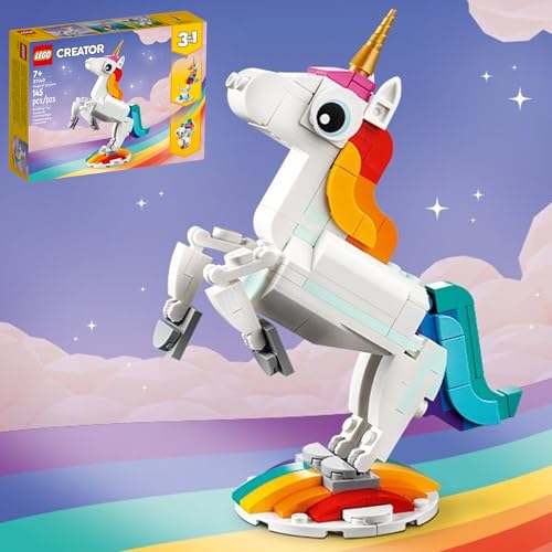 Lego Creator 3 in 1 Magical Unicorn Toy, Transforms from Unicorn to Seahorse to Peacock, Rainbow Animal Figures, Unicorn Gift for Grandchildren, Girls and Boys, Buildable Toys, 31140