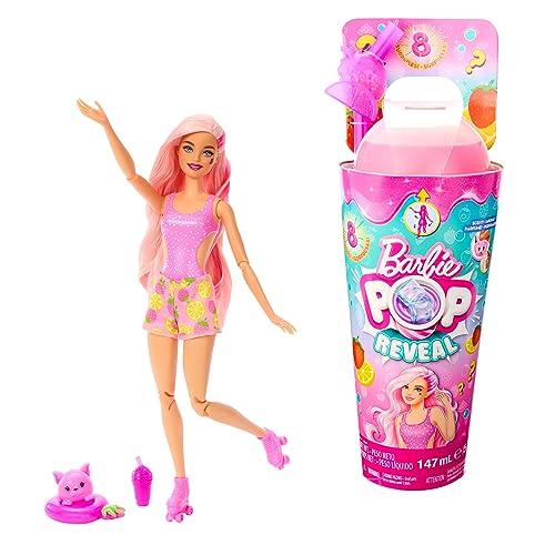 Barbie Pop Reveal Doll & Accessories, Strawberry Lemonade Scent with Pink Hair, 8 Surprises Include Slime & Squishy Puppy