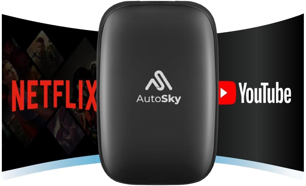AutoSky Wireless CarPlay and Android Auto AI Box Lite for Factory Wired CarPlay (Required) Cars - Supports Netflix and YouTube, Must Use Hotspot, Go Wireless