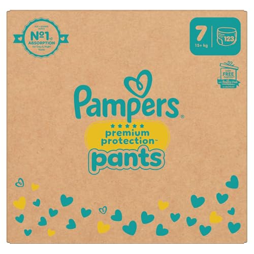 🔥 STARKER PREIS (-27%) Pampers Premium Protection Pants Größe 7, 123 Windeln, 15kg+, Mit 360° Passform und 2x breiteren Bündchen als vorher für unseren besten Komfort & Schutz