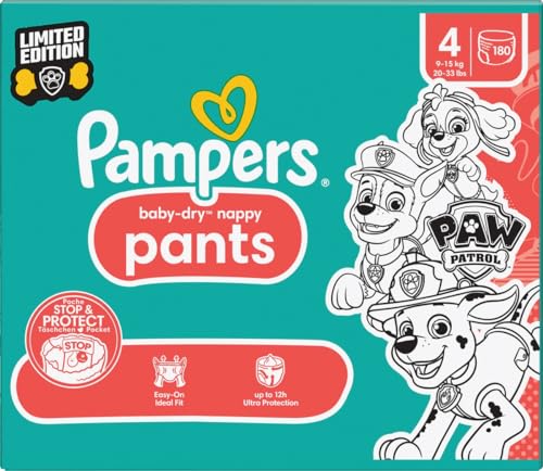 🔥 STARKER PREIS (-35%) Pampers Baby-Dry Pants Paw Patrol Edition Größe 4, 180 Windeln, 9kg-15kg, 360° Passform hilft, Auslaufen zu verhindern