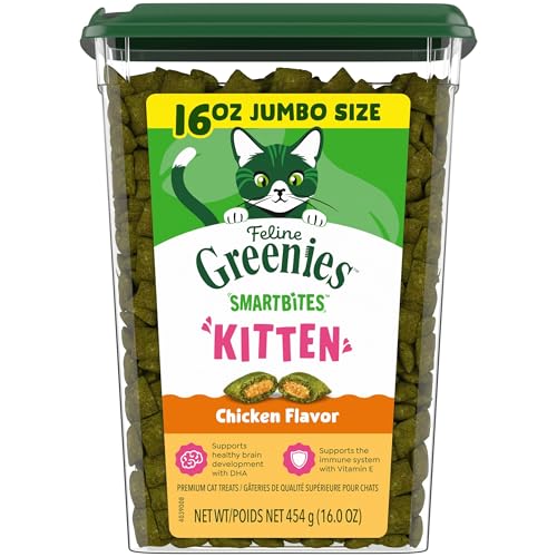 Greenies Feline Smartbites Healthy Kitten Treats, Crunchy and Soft Natural Cat Treats, Chicken Flavor, 16 oz Tub