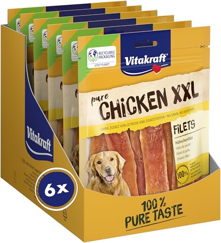 🔥 STARKER PREIS (-32%) Vitakraft Pure Chicken XXL Filets, Hundeleckerli, Hühnchenfilet, Hunde Trainingsleckerli, ohne Zusatz von Zucker (6x 250g)
